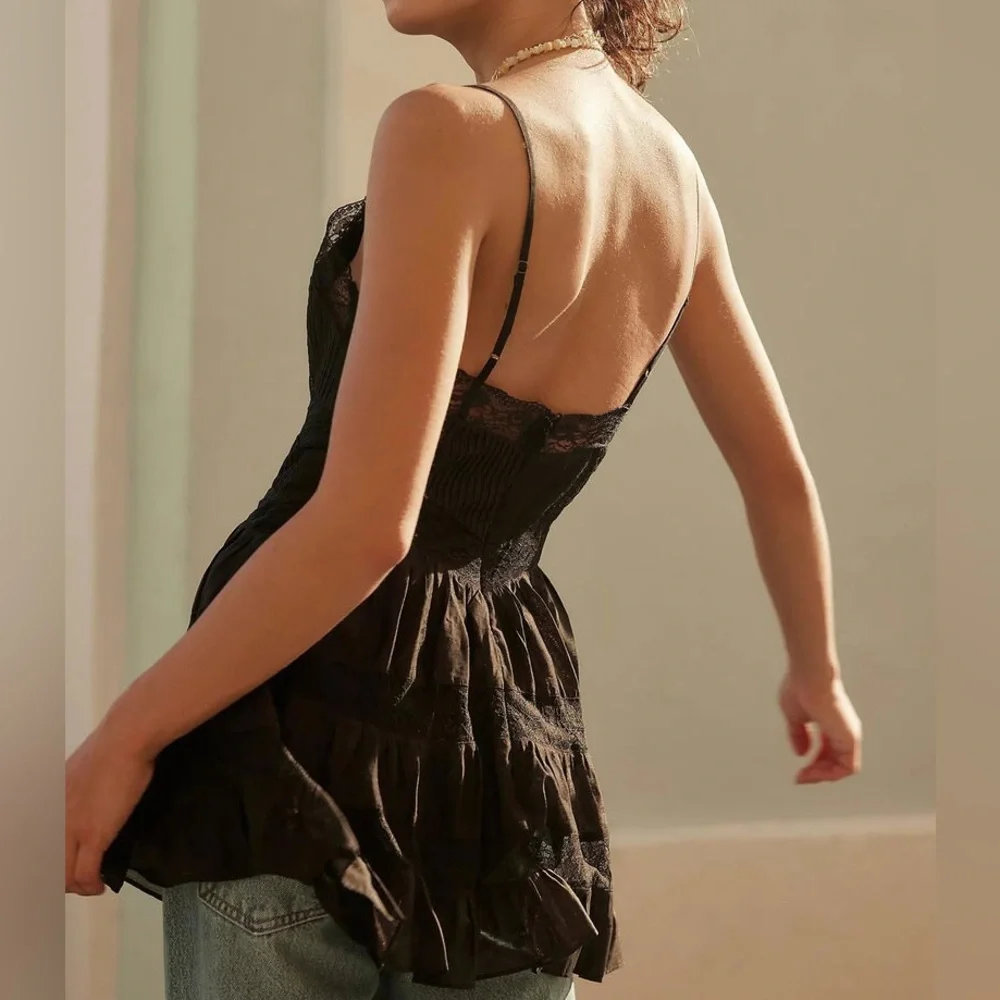 Free People Somebody To Love Lace Tiered Crinkled Black Cami Top Dress size S